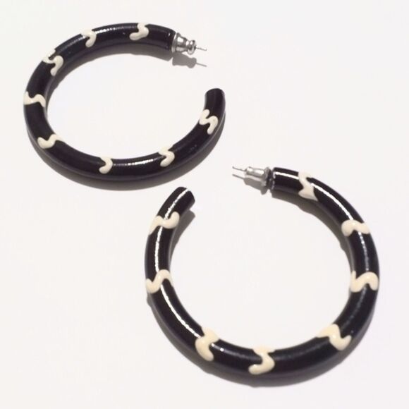 Black and Cream Enamel Boho Inspired Statement Hoop Earrings - Picture 4 of 6